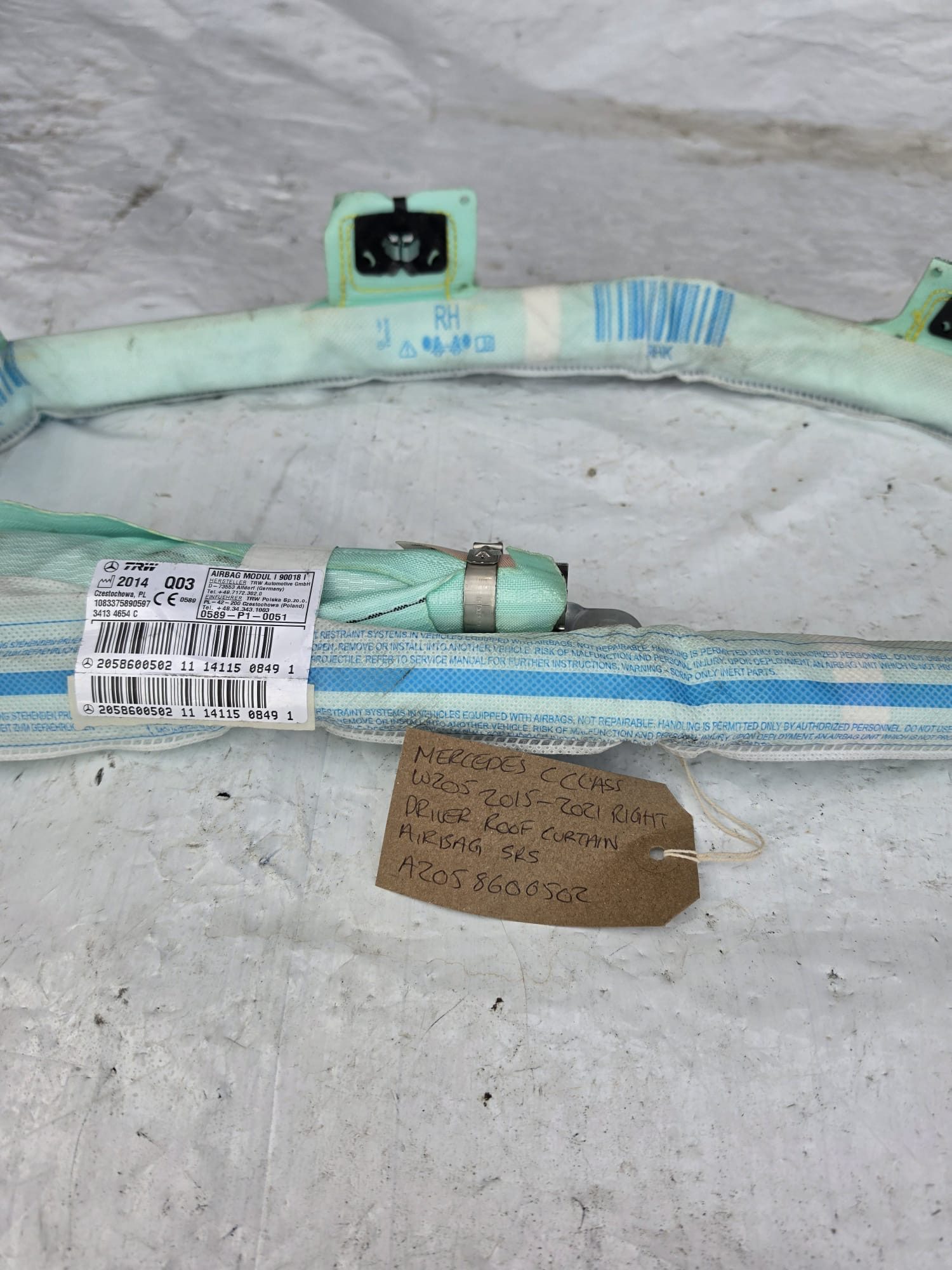 MERCEDES C CLASS W205 2015-2021 RIGHT DRIVER ROOF CURTAIN AIRBAG SRS A2058600502 - Image 2